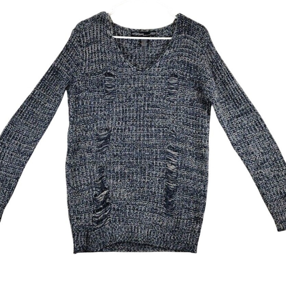 Ashley by 6y International Distressed Knit V Neck Sweater Women's Size‎ L Gray